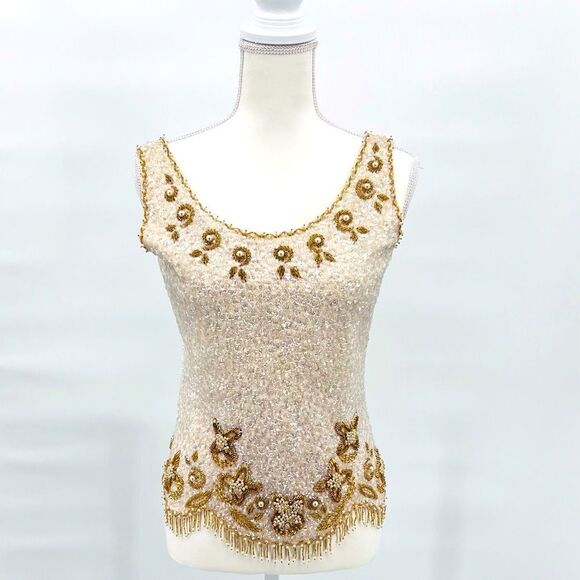 Vintage Top Tank Blouse Hand Beaded Gold Size M - Picture 2 of 13